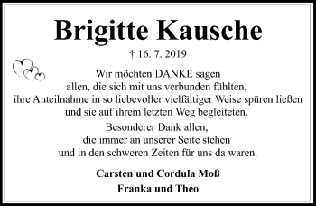 Traueranzeige von Brigitte Kausche von Hannoversche Allgemeine Zeitung/Neue Presse