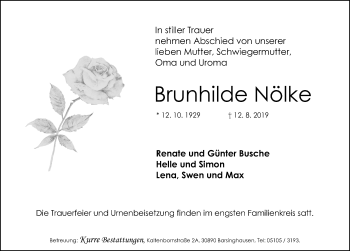 Traueranzeige von Brunhilde Nölke von Hannoversche Allgemeine Zeitung/Neue Presse