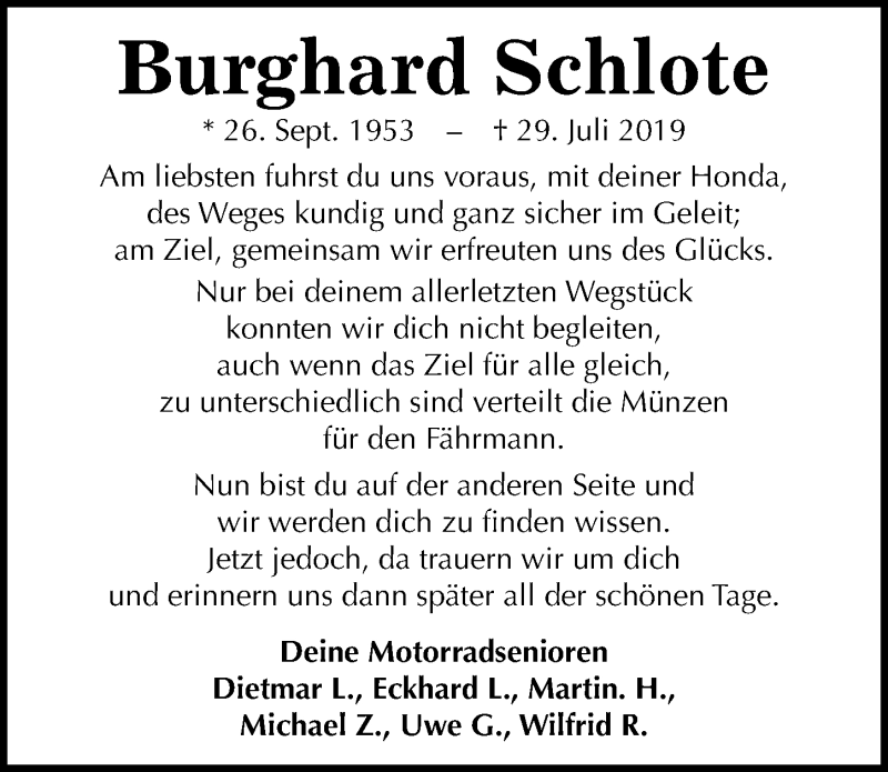  Traueranzeige für Burghard Schlote vom 03.08.2019 aus Hannoversche Allgemeine Zeitung/Neue Presse