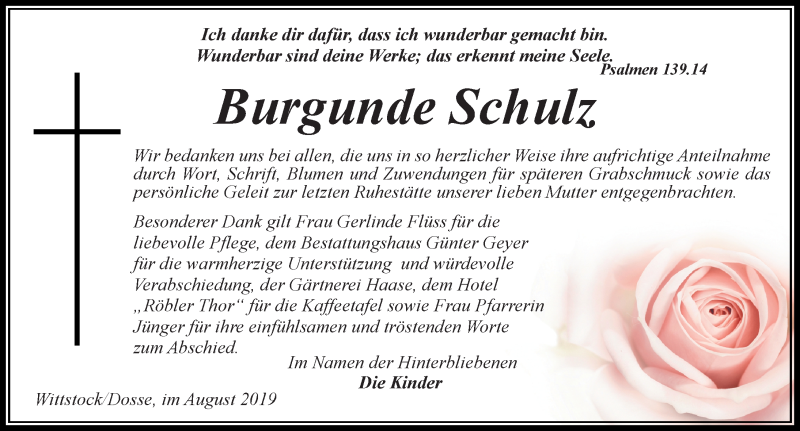  Traueranzeige für Burgunde Schulz vom 17.08.2019 aus Märkischen Allgemeine Zeitung