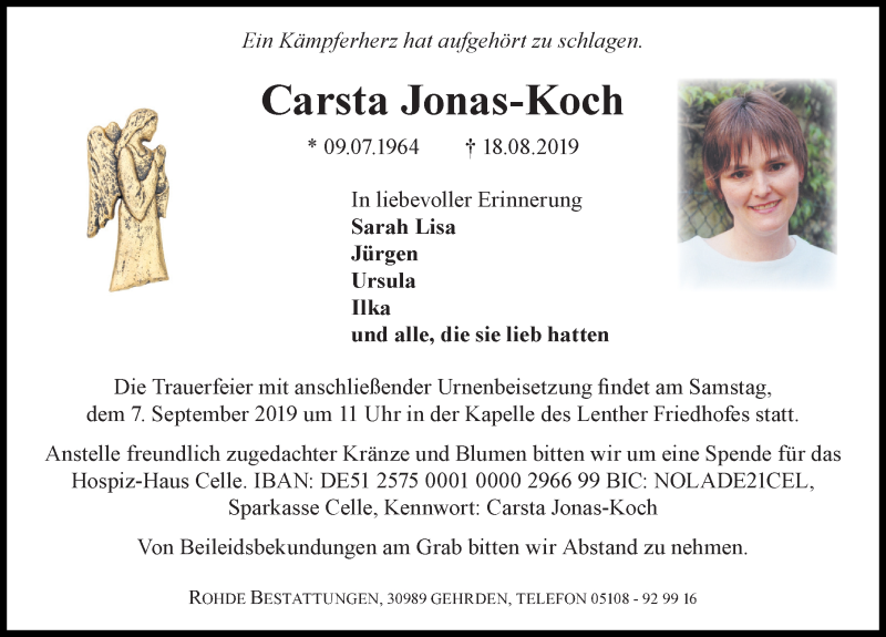  Traueranzeige für Carsta Jonas-Koch vom 24.08.2019 aus Hannoversche Allgemeine Zeitung/Neue Presse