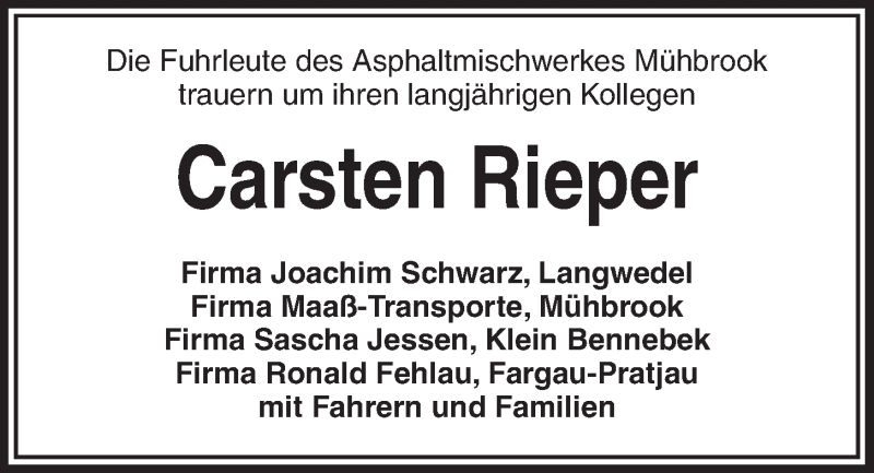  Traueranzeige für Carsten Rieper vom 10.08.2019 aus Kieler Nachrichten