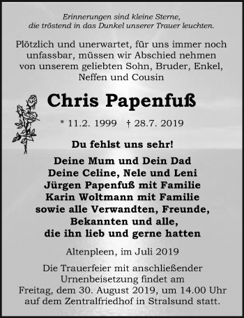 Traueranzeige von Chris Papenfuß von Ostsee-Zeitung GmbH