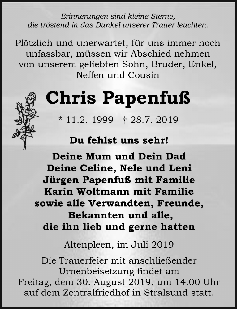  Traueranzeige für Chris Papenfuß vom 17.08.2019 aus Ostsee-Zeitung GmbH