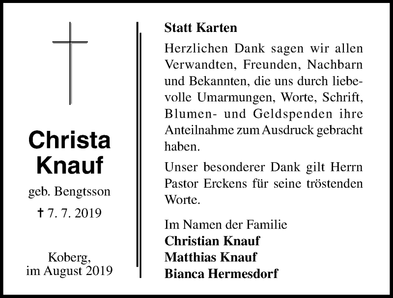  Traueranzeige für Christa Knauf vom 14.08.2019 aus Lübecker Nachrichten