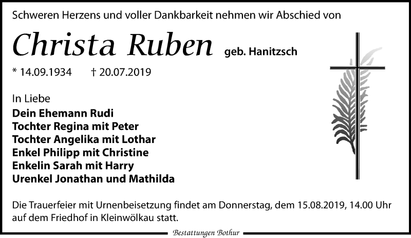  Traueranzeige für Christa Ruben vom 27.07.2019 aus Leipziger Volkszeitung