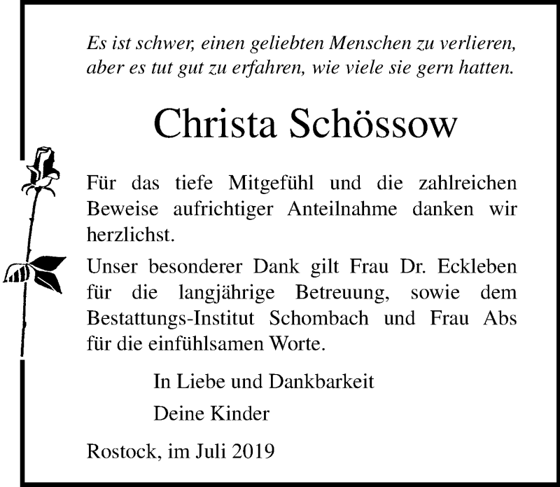  Traueranzeige für Christa Schössow vom 03.08.2019 aus Ostsee-Zeitung GmbH