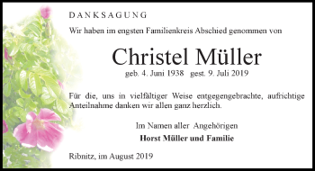 Traueranzeige von Christel Müller von Ostsee-Zeitung GmbH