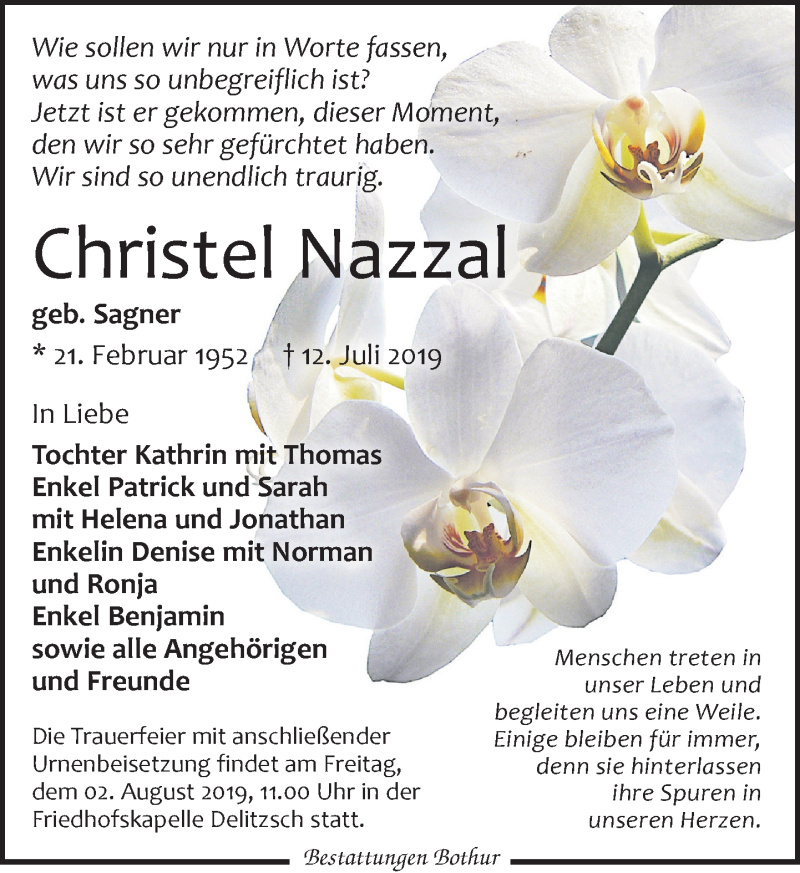  Traueranzeige für Christel Nazzal vom 27.07.2019 aus Leipziger Volkszeitung