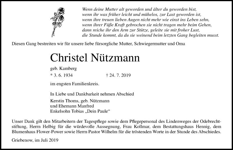  Traueranzeige für Christel Nützmann vom 03.08.2019 aus Ostsee-Zeitung GmbH