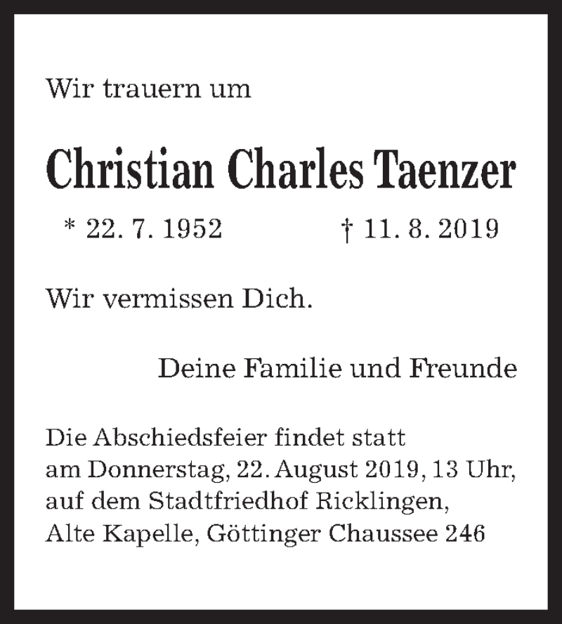  Traueranzeige für Christian Charles Taenzer vom 19.08.2019 aus Hannoversche Allgemeine Zeitung/Neue Presse