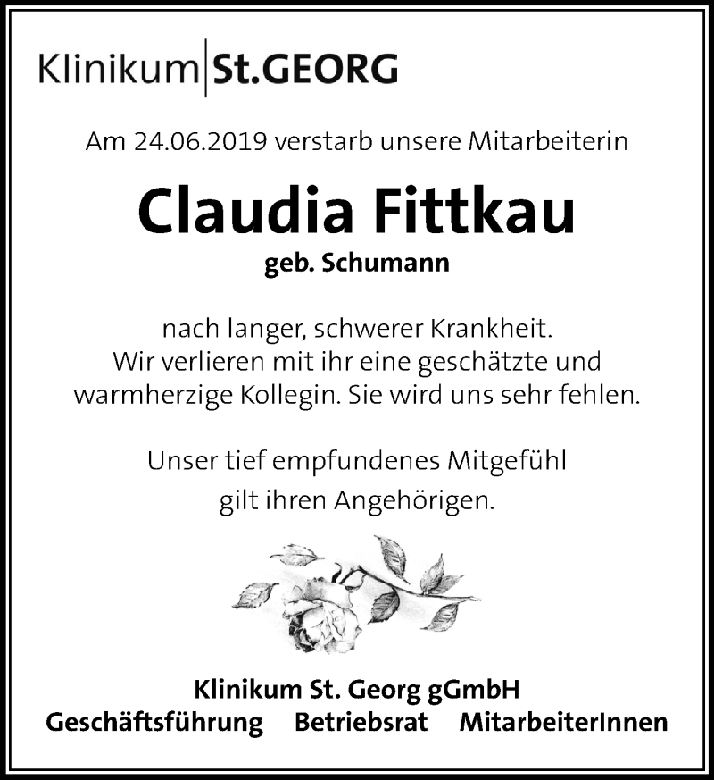  Traueranzeige für Claudia Fittkau vom 27.07.2019 aus Leipziger Volkszeitung