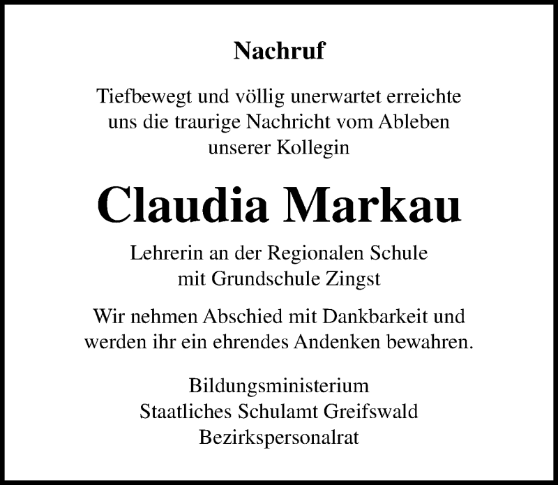  Traueranzeige für Claudia Markau vom 17.08.2019 aus Ostsee-Zeitung GmbH