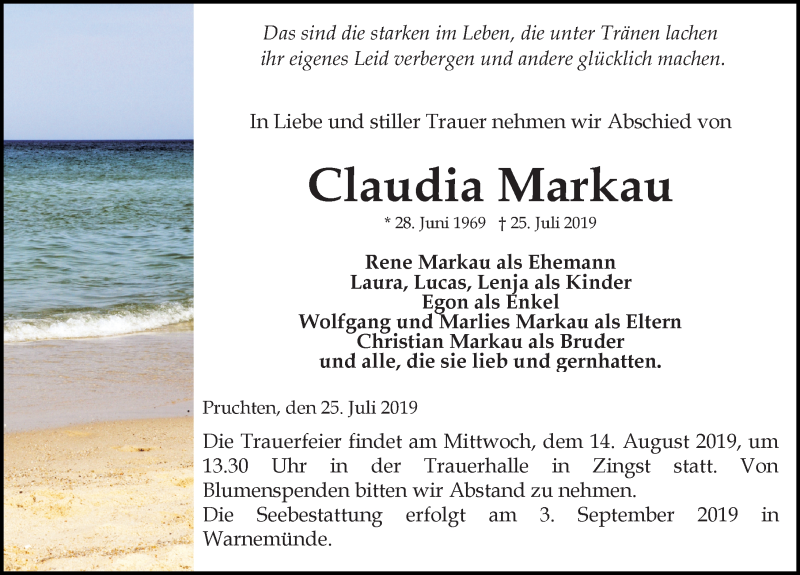  Traueranzeige für Claudia Markau vom 13.08.2019 aus Ostsee-Zeitung GmbH