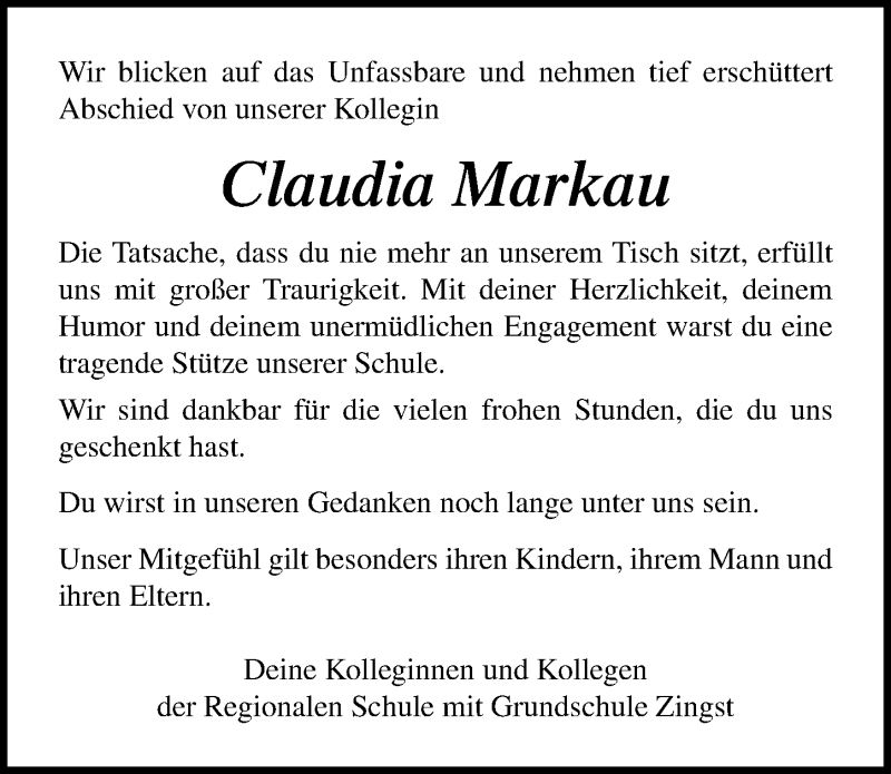  Traueranzeige für Claudia Markau vom 17.08.2019 aus Ostsee-Zeitung GmbH