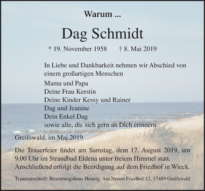  Traueranzeige für Dag Schmidt vom 10.08.2019 aus Ostsee-Zeitung GmbH