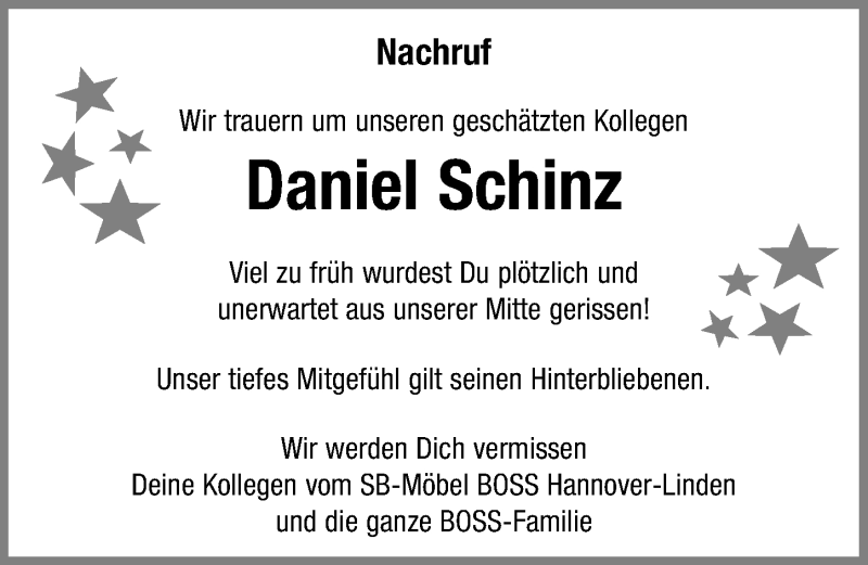  Traueranzeige für Daniel Schinz vom 24.08.2019 aus Hannoversche Allgemeine Zeitung/Neue Presse