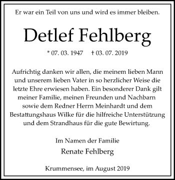 Traueranzeige von Detlef Fehlberg von Märkischen Allgemeine Zeitung