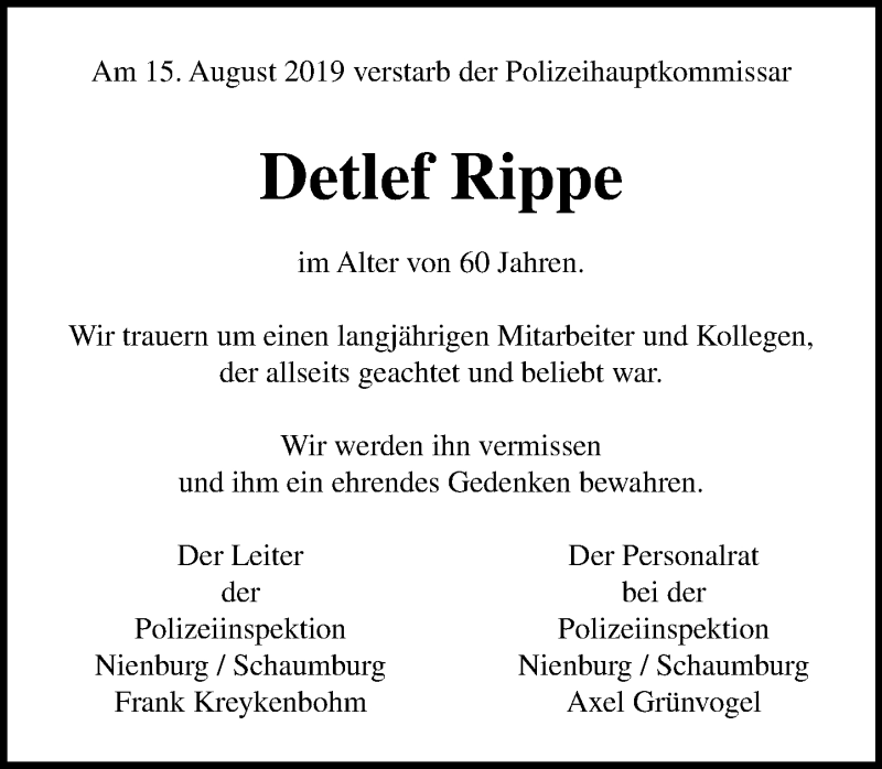  Traueranzeige für Detlef Rippe vom 20.08.2019 aus Schaumburger Nachrichten