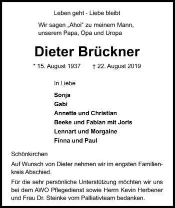 Traueranzeige von Dieter Brückner von Kieler Nachrichten