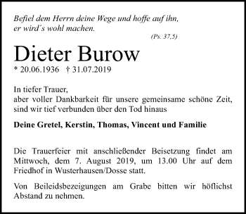 Traueranzeige von Dieter Burow von Märkischen Allgemeine Zeitung