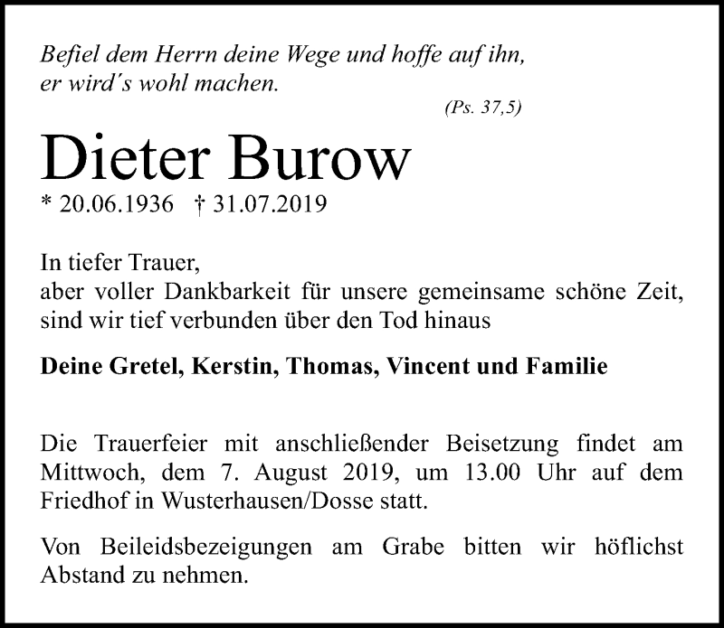  Traueranzeige für Dieter Burow vom 03.08.2019 aus Märkischen Allgemeine Zeitung