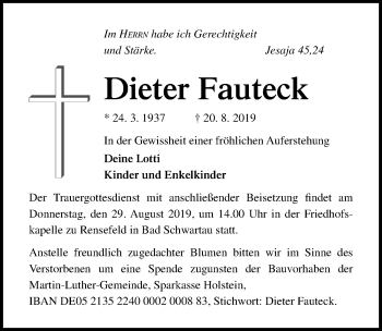 Traueranzeige von Dieter Fauteck von Lübecker Nachrichten