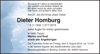 Traueranzeige von Dieter Homburg von Hannoversche Allgemeine Zeitung/Neue Presse