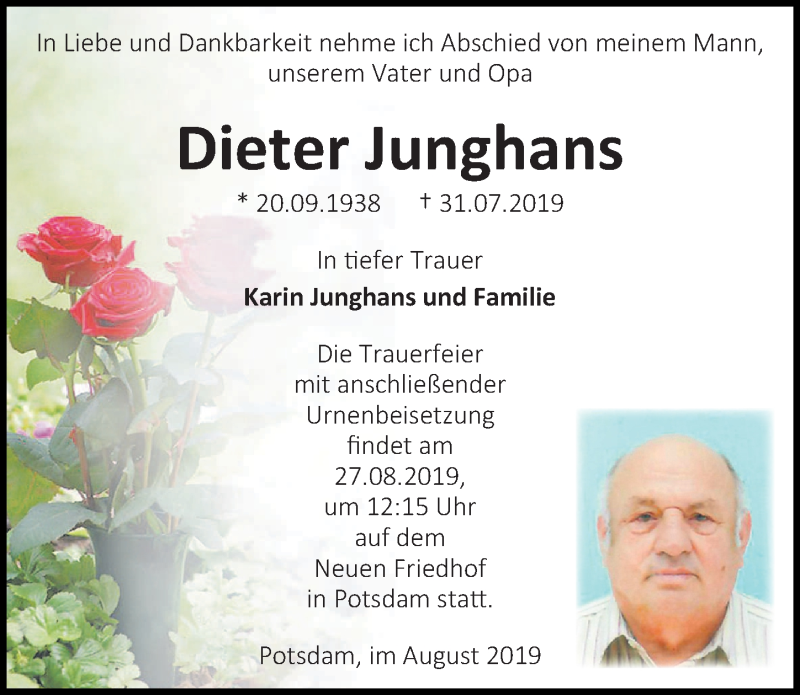 Traueranzeigen von Dieter Junghans trauer anzeigen.de