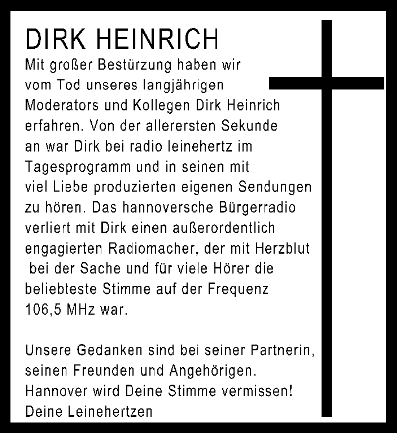  Traueranzeige für Dirk Heinrich vom 03.08.2019 aus Hannoversche Allgemeine Zeitung/Neue Presse