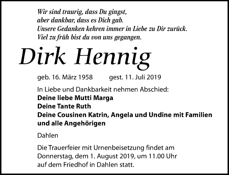  Traueranzeige für Dirk Hennig vom 27.07.2019 aus Leipziger Volkszeitung