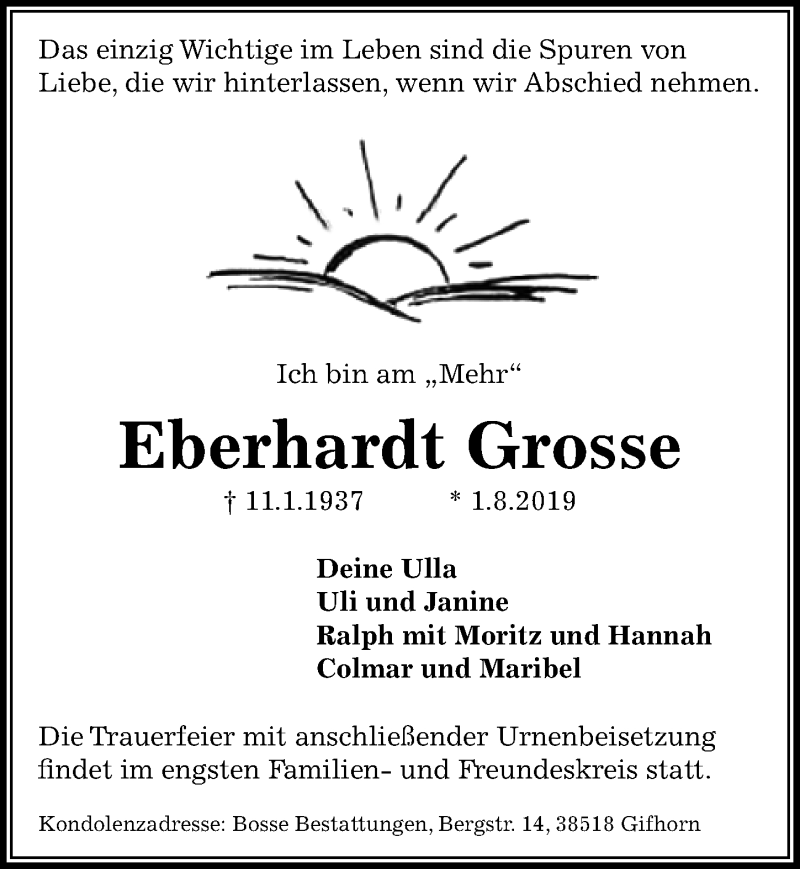  Traueranzeige für Eberhardt Grosse vom 06.08.2019 aus Aller Zeitung