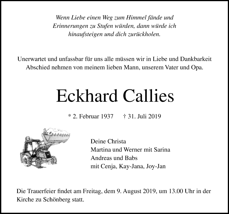  Traueranzeige für Eckhard Callies vom 03.08.2019 aus Ostsee-Zeitung GmbH