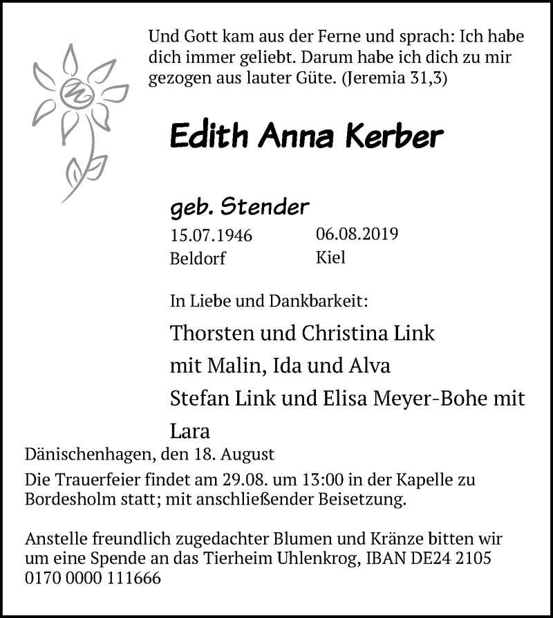  Traueranzeige für Edith Anna Kerber vom 24.08.2019 aus Kieler Nachrichten