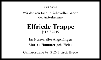 Traueranzeige von Elfriede Trappe von Peiner Allgemeine Zeitung