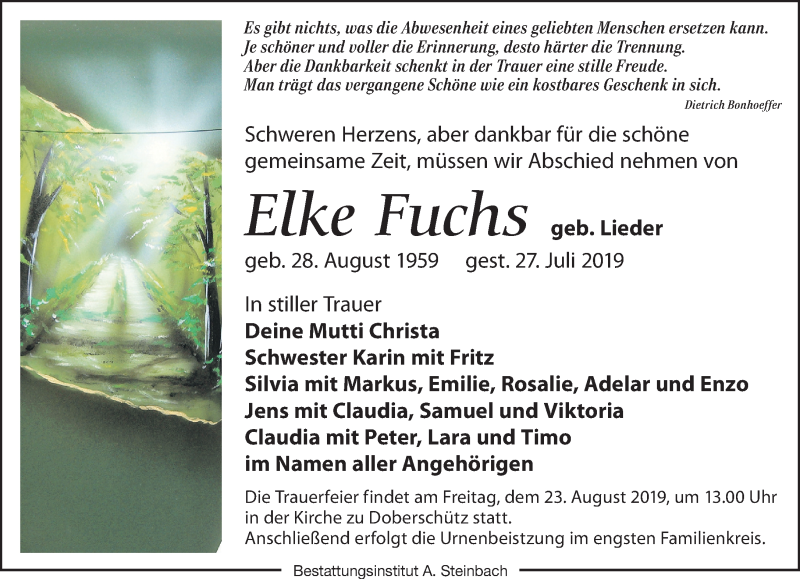  Traueranzeige für Elke Fuchs vom 10.08.2019 aus Leipziger Volkszeitung