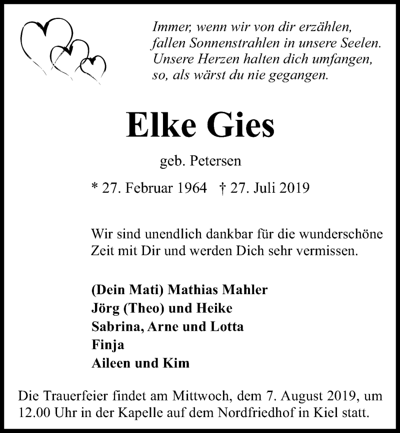 Traueranzeige für Elke Gies vom 03.08.2019 aus Kieler Nachrichten