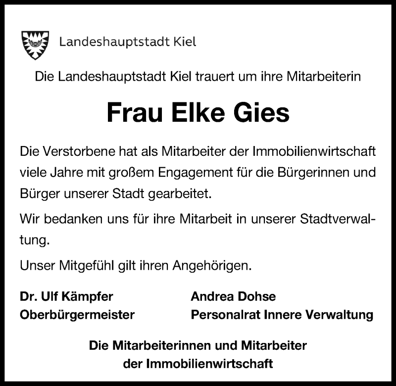  Traueranzeige für Elke Gies vom 03.08.2019 aus Kieler Nachrichten