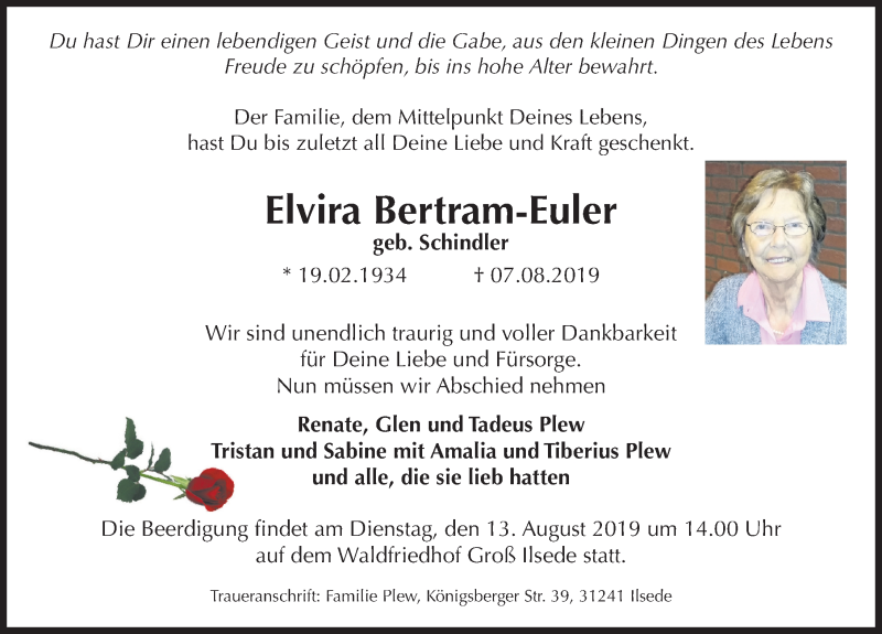  Traueranzeige für Elvira Bertram-Euler vom 09.08.2019 aus Peiner Allgemeine Zeitung