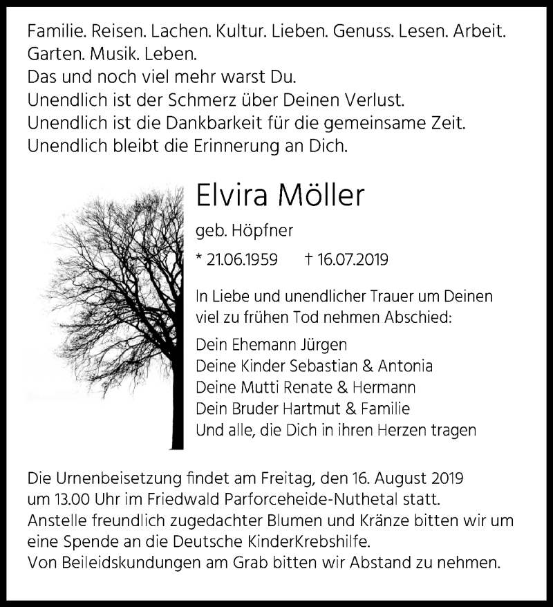  Traueranzeige für Elvira Möller vom 03.08.2019 aus Märkischen Allgemeine Zeitung