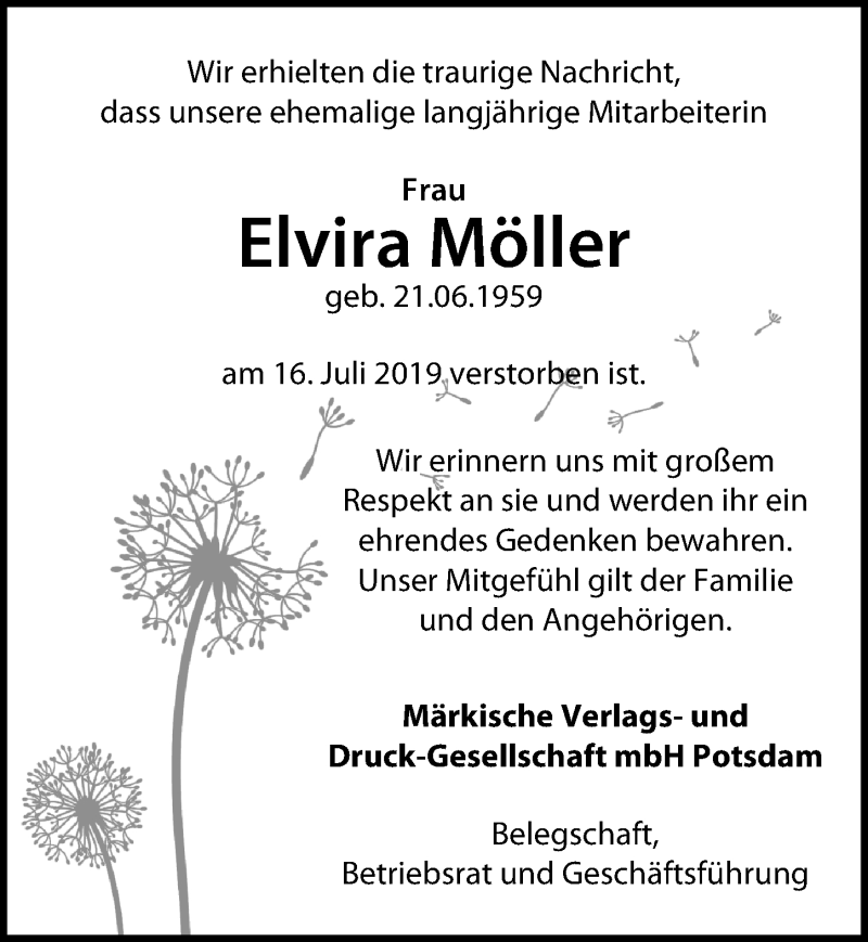  Traueranzeige für Elvira Möller vom 10.08.2019 aus Märkischen Allgemeine Zeitung