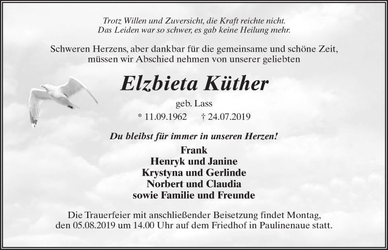  Traueranzeige für Elzbieta Küther vom 27.07.2019 aus Märkischen Allgemeine Zeitung