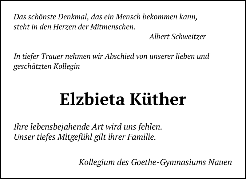  Traueranzeige für Elzbieta Küther vom 02.08.2019 aus Märkischen Allgemeine Zeitung