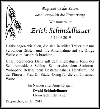 Traueranzeige von Erich Schindelhauer von Märkischen Allgemeine Zeitung