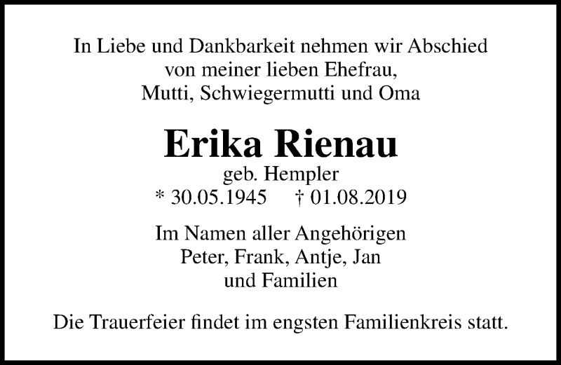  Traueranzeige für Erika Rienau vom 11.08.2019 aus Lübecker Nachrichten
