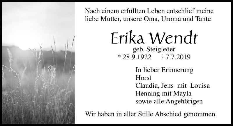  Traueranzeige für Erika Wendt vom 04.08.2019 aus Lübecker Nachrichten
