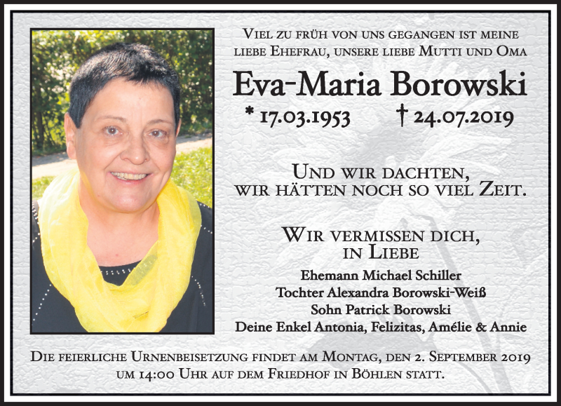  Traueranzeige für Eva-Maria Borowski vom 17.08.2019 aus Leipziger Volkszeitung