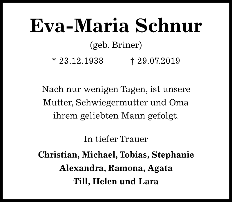  Traueranzeige für Eva-Maria Schnur vom 03.08.2019 aus Göttinger Tageblatt