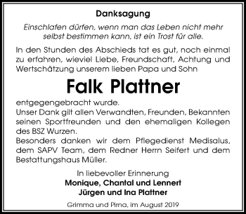 Traueranzeige von Falk Plattner von Leipziger Volkszeitung
