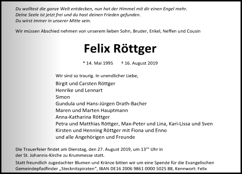  Traueranzeige für Felix Röttger vom 25.08.2019 aus Lübecker Nachrichten
